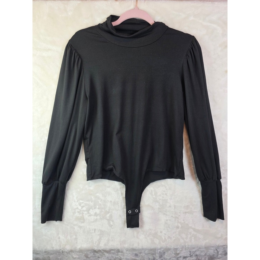 Full Circle Trends Womens Black Mock Neck‎ Puff Sleeve Bodysuit XL J6B6030C